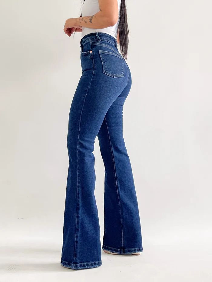 Bootcut long jeans líneas cruzadas azul