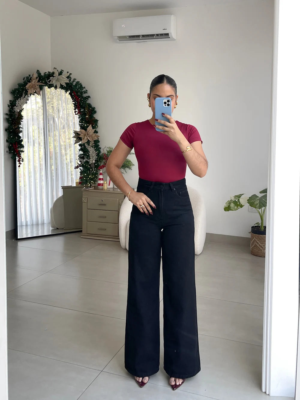 Wide leg regular jeans negro