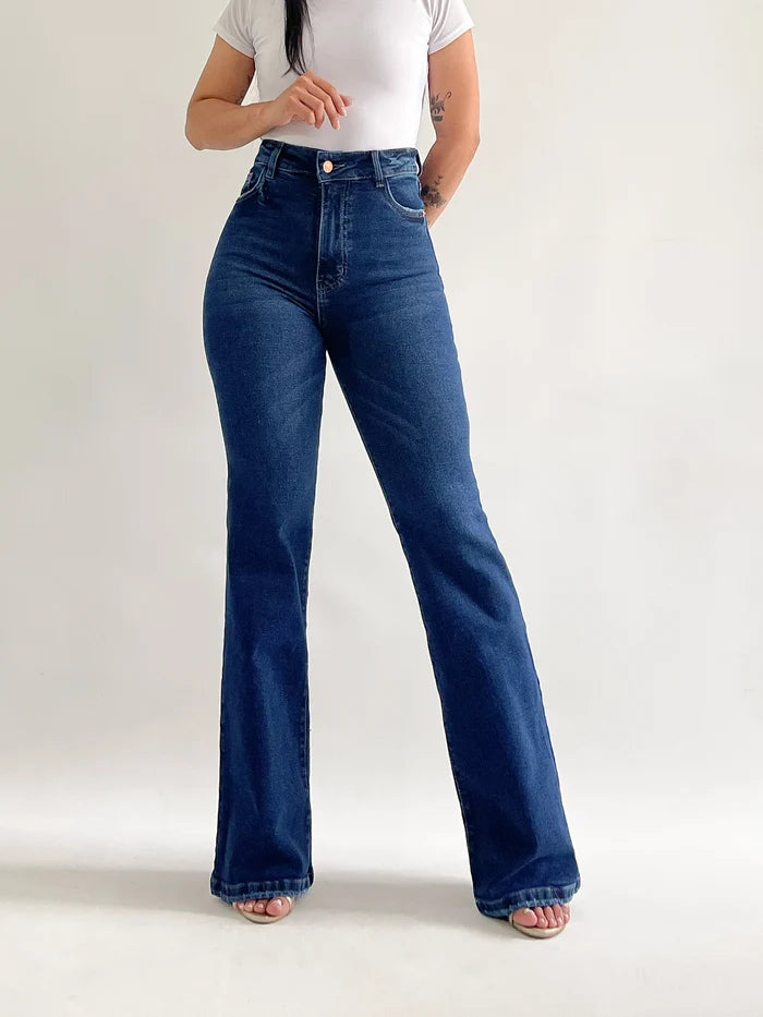 Bootcut long jeans líneas cruzadas azul